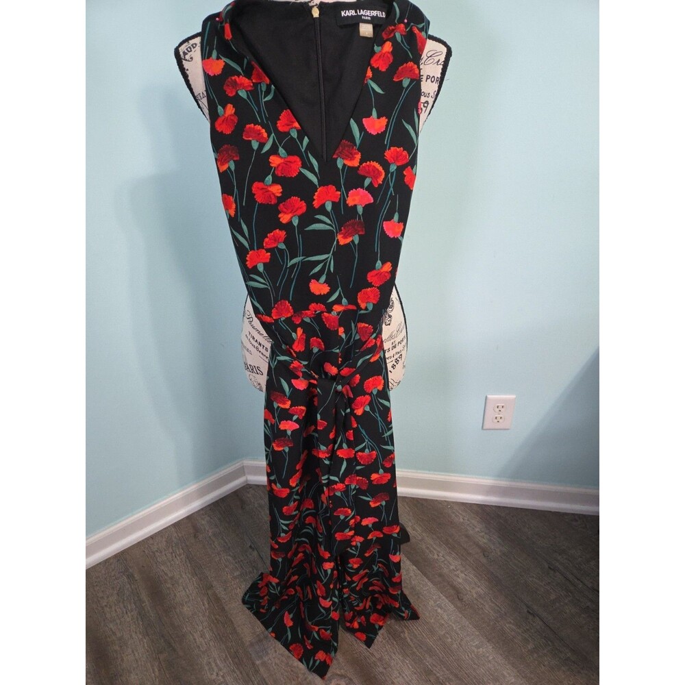 Karl Lagerfeld Jumpsuit Women’s Size 6 Black Red Floral Wide Leg Jumpsuit